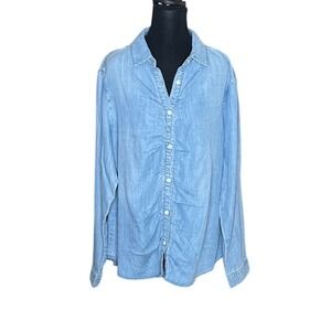 Quince Womens L Light Blue Tencel Denim Ruched Button Down Shirt NEW